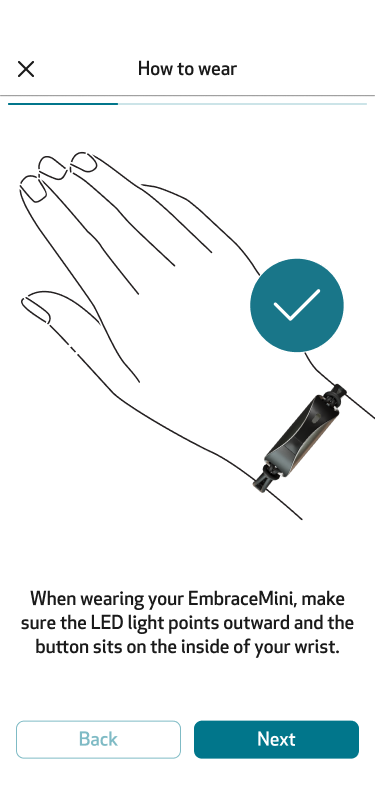 The how to wear EmbraceMini onboarding guide in the Care Lab App
