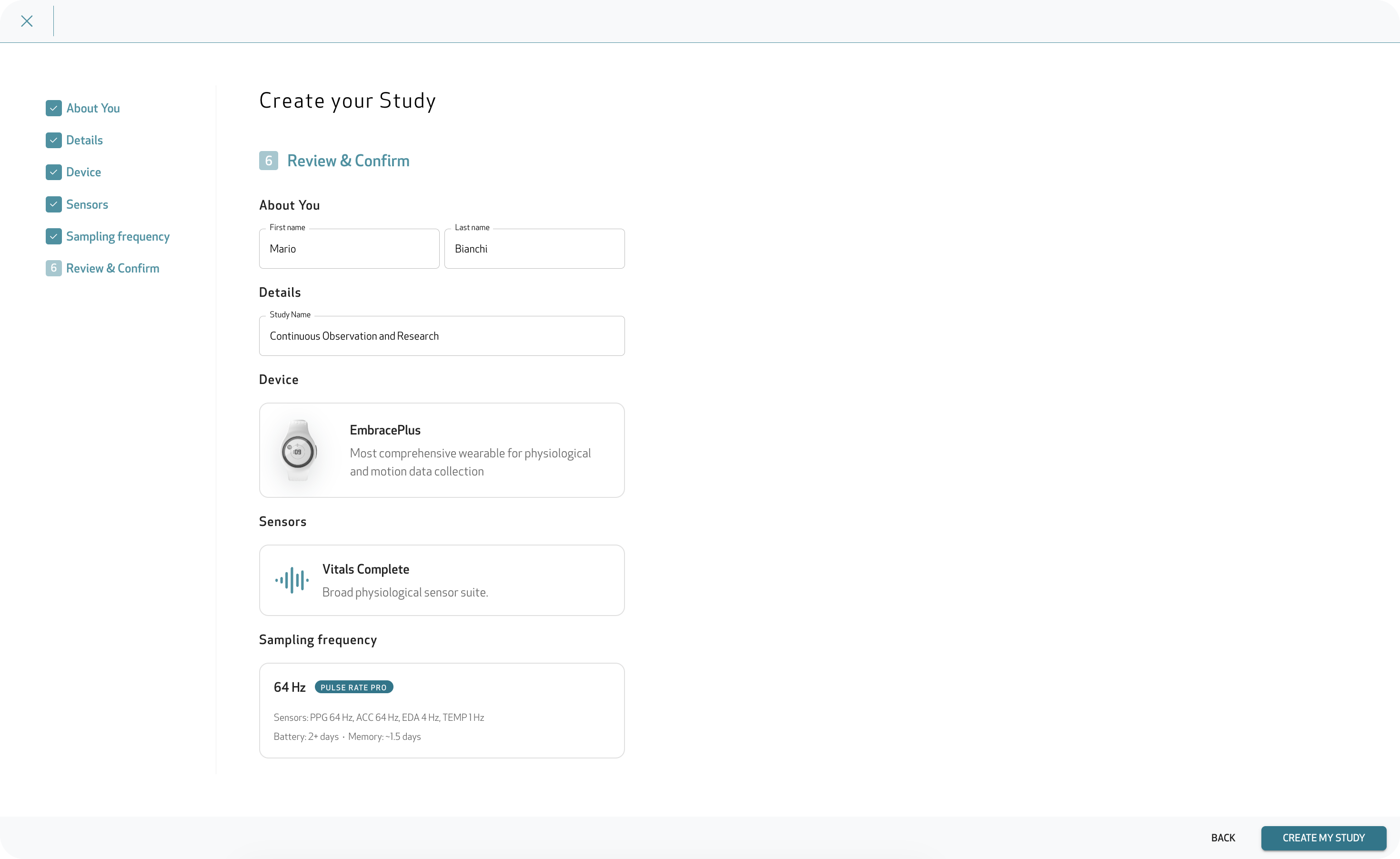 Reviewing the study configuration before clicking Create my study